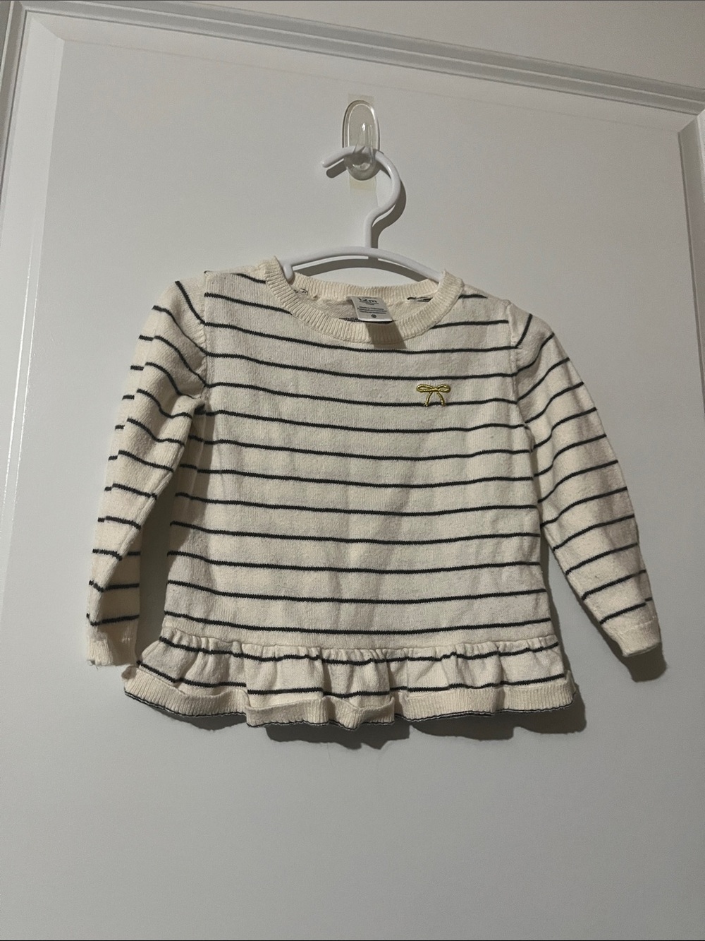 Carter's Cream and Navy Striped Ruffle-Hem Sweater with Yellow Bow